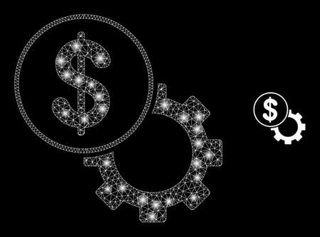 Glossy polygonal mesh web dollar setup gear icon with glow effect on a black background. Network dollar setup gear iconic vector with glowing spheres in stardust colors.のイラスト素材