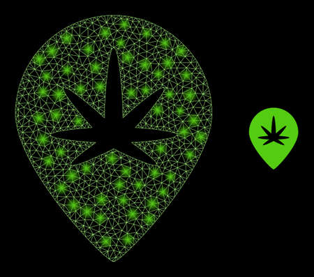 Glossy polygonal mesh net cannabis map marker icon with glare effect on a black background. Constellation cannabis map marker iconic vector with glowing spheres in stardust colors.のイラスト素材