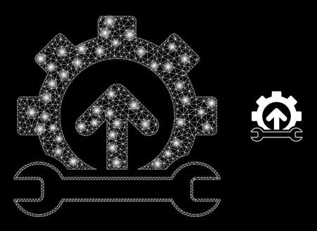 Glossy polygonal mesh web forward gear repair icon with glow effect on a black background. Constellation forward gear repair iconic vector with flash dots in stardust colors.のイラスト素材
