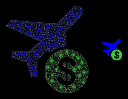 Glossy polygonal mesh web airplane price icon with glare effect on a black background. Network airplane price iconic vector with shiny points in vibrant colors.のイラスト素材