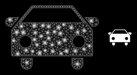 Glossy polygonal mesh net car icon with glow effect on a black background. Wire frame car iconic vector with glamour points in majestic colors. Abstract 2d mesh designed with polygonal grid,のイラスト素材