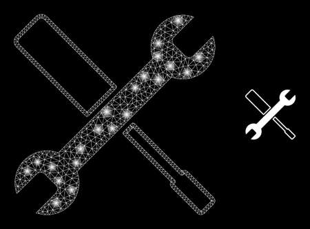 Glossy polygonal mesh net configuration tools icon with glare effect on a black background. Wire frame configuration tools iconic vector with glamour points in stardust colors.のイラスト素材