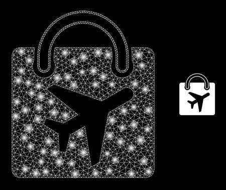 Glossy polygonal mesh net airport shopping bag icon with glitter effect on a black background. Network airport shopping bag iconic vector with shiny dots in bright colors.のイラスト素材