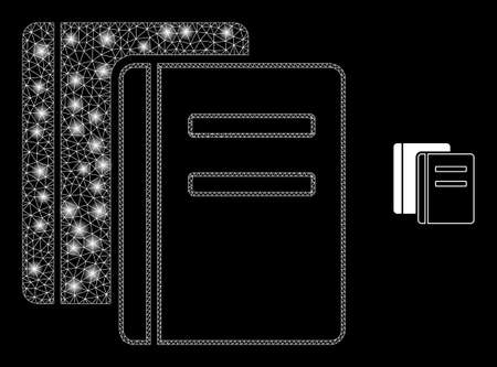 Glossy polygonal mesh net books icon with glow effect on a black background. Network books iconic vector with shiny dots in vibrant colors. Abstraction 2d mesh built from polygonal grid,のイラスト素材
