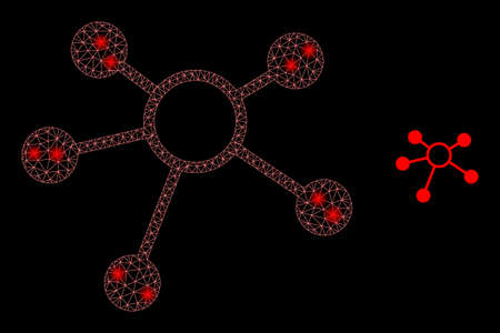 Glossy polygonal mesh net links icon with glow effect on a black background. Network links iconic vector with glamour spheres in stardust colors. Abstract 2d mesh is designed with polygonal grid,のイラスト素材