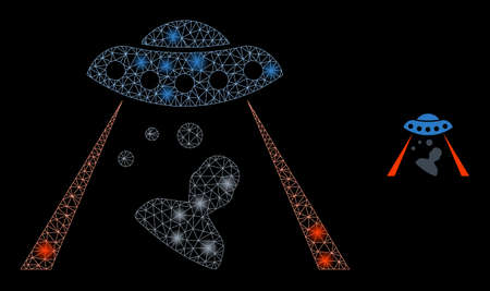 Glossy polygonal mesh net human abduction icon with glitter effect on a black background. Carcass human abduction iconic vector with illuminated dots in stardust colors.のイラスト素材