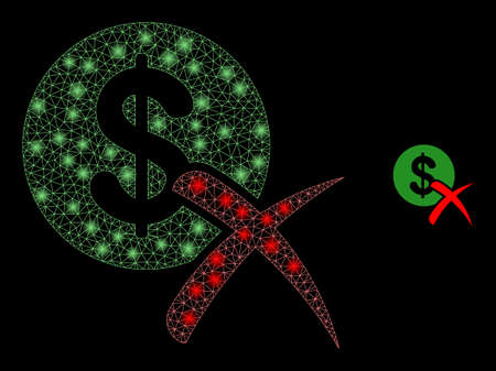 Glossy polygonal mesh net forbidden dollar icon with glitter effect on a black background. Carcass forbidden dollar iconic vector with flash points in majestic colors.のイラスト素材