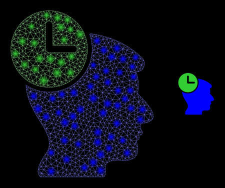 Glossy polygonal mesh web head clock icon with glow effect on a black background. Carcass head clock iconic vector with glamour dots in magic colors.のイラスト素材