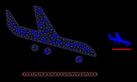 Glossy polygonal mesh web airplane arrival icon with glitter effect on a black background. Carcass airplane arrival iconic vector with glitter dots in bright colors.のイラスト素材
