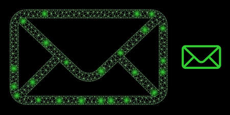 Glossy polygonal mesh web envelope icon with glow effect on a black background. Carcass envelope iconic vector with glitter dots in magic colors. Abstraction 2d mesh is designed with triangular lines,のイラスト素材