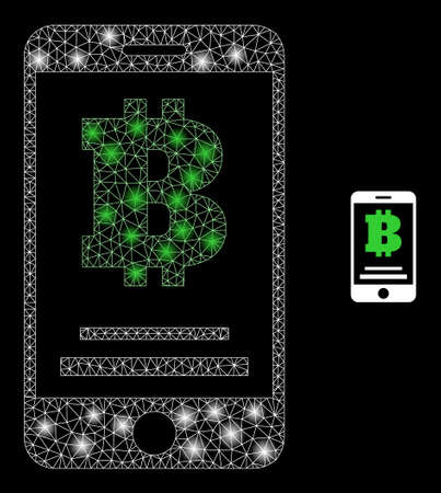 Glossy polygonal mesh net bitcoin mobile account icon with glow effect on a black background. Constellation bitcoin mobile account iconic vector with flash points in vibrant colors.のイラスト素材