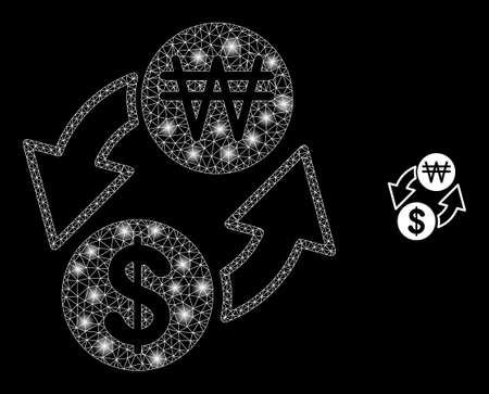 Glossy polygonal mesh web dollar exchange korean won icon with glow effect on a black background. Wire frame dollar exchange korean won iconic vector with illuminated points in stardust colors.のイラスト素材