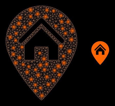 Glossy polygonal mesh web house map marker icon with glow effect on a black background. Carcass house map marker iconic vector with glowing spheres in stardust colors.のイラスト素材