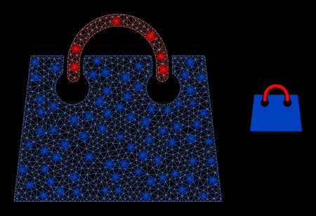 Glossy polygonal mesh net airport shopping bag icon with glitter effect on a black background. Wire frame airport shopping bag iconic vector with illuminated points in majestic colors.のイラスト素材