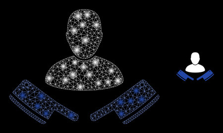 Glossy polygonal mesh net butcher icon with glow effect on a black background. Network butcher iconic vector with flash dots in majestic colors. Abstract flat mesh designed with polygonal grid,のイラスト素材