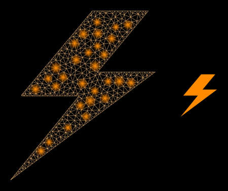 Glossy polygonal mesh web flash icon with glare effect on a black background. Wire frame flash iconic vector with glowing points in stardust colors. Abstract 2d mesh is designed with polygonal grid,のイラスト素材