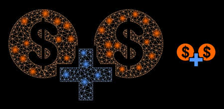 Glossy polygonal mesh web financial sum icon with glare effect on a black background. Wire frame financial sum iconic vector with flash points in bright colors.のイラスト素材