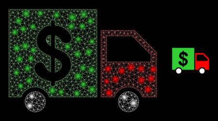 Glossy polygonal mesh web banking delivery icon with glow effect on a black background. Constellation banking delivery iconic vector with glitter dots in magic colors.のイラスト素材