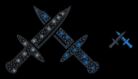 Glossy polygonal mesh net cold weapon icon with glitter effect on a black background. Network cold weapon iconic vector with glamour spheres in stardust colors.のイラスト素材