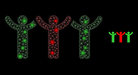 Glossy polygonal mesh net dancing people icon with glare effect on a black background. Constellation dancing people iconic vector with glamour points in bright colors.のイラスト素材