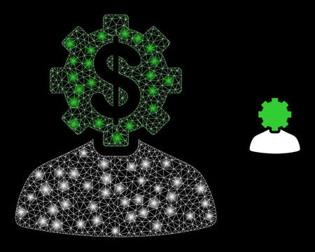 Glossy polygonal mesh web banker gear person icon with glare effect on a black background. Wire frame banker gear person iconic vector with flash dots in bright colors.のイラスト素材