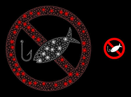 Glossy polygonal mesh web forbidden fishing icon with glow effect on a black background. Wire frame forbidden fishing iconic vector with glitter dots in bright colors.のイラスト素材