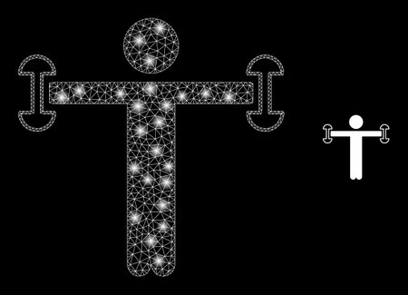 Glossy polygonal mesh net fitness person icon with glare effect on a black background. Network fitness person iconic vector with flash dots in majestic colors.のイラスト素材
