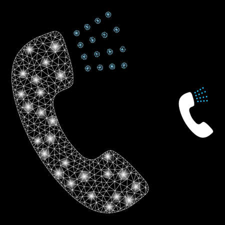 Glossy polygonal mesh net phone sound icon with glow effect on a black background. Carcass phone sound iconic vector with flash dots in magic colors.のイラスト素材