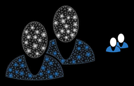 Glossy polygonal mesh net men icon with glare effect on a black background. Wire frame men iconic vector with shiny dots in vibrant colors. Abstract 2d mesh is built from polygonal grid,のイラスト素材