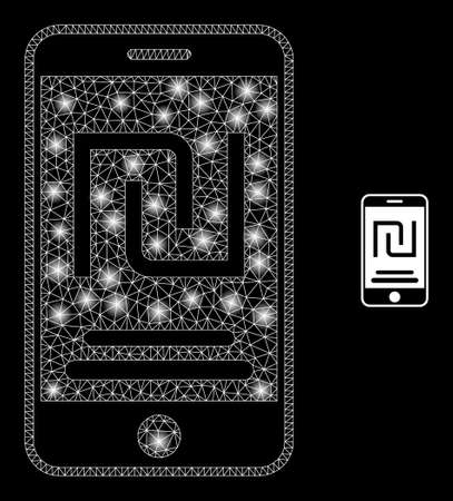 Glossy polygonal mesh net mobile shekel account icon with glitter effect on a black background. Constellation mobile shekel account iconic vector with glowing dots in vibrant colors.のイラスト素材