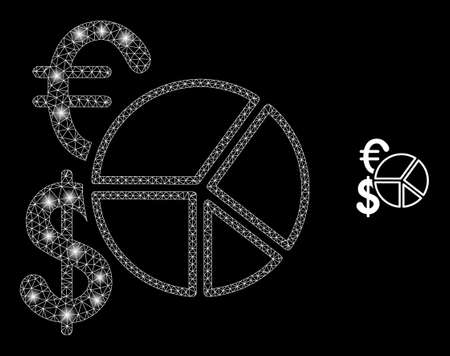 Glossy polygonal mesh net currency pie chart icon with glitter effect on a black background. Carcass currency pie chart iconic vector with flash points in bright colors.のイラスト素材
