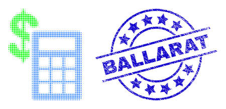 Financial calculator halftone dotted icon with Ballarat seal. Blue vector round grunge seal with Ballarat title inside round shape. Halftone financial calculator icon array contains round dots.のイラスト素材