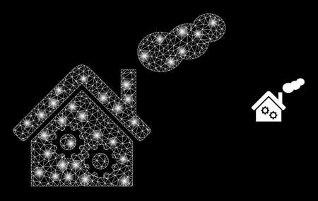 Glossy polygonal mesh net smoking factory icon with glow effect on a black background. Wire frame smoking factory iconic vector with glowing points in majestic colors.のイラスト素材