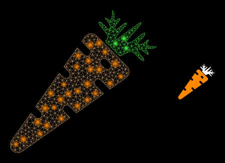 Glossy polygonal mesh web carrot icon with glitter effect on a black background. Carcass carrot iconic vector with flash dots in majestic colors. Abstraction flat mesh is created from polygonal grid,のイラスト素材