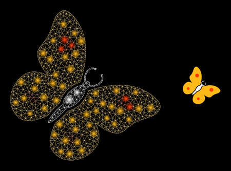 Glossy polygonal mesh web butterfly icon with glare effect on a black background. Wire frame butterfly iconic vector with glowing spheres in vibrant colors.のイラスト素材