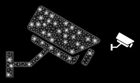Glossy polygonal mesh net CCTV camera icon with glitter effect on a black background. Network CCTV camera iconic vector with shiny dots in magic colors.のイラスト素材