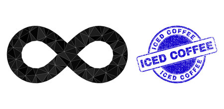 Low-Poly polygonal infinity 2d illustration, and Iced Coffee scratched seal. Blue stamp seal...
