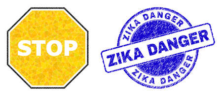 Low-Poly triangulated octagon warning stop icon illustration with Zika Danger textured seal imitation. Blue stamp seal includes Zika Danger title inside round it.のイラスト素材