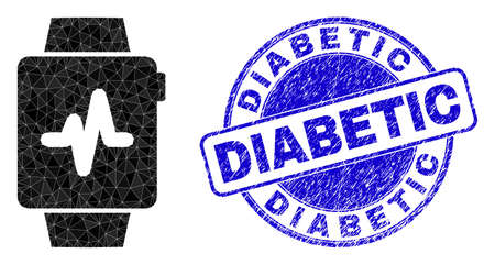 Low-Poly polygonal pulse watches symbol illustration with DIABETIC scratched stamp seal. Blue stamp includes Diabetic caption inside round it. Pulse watches icon is filled with triangle mosaic.のイラスト素材