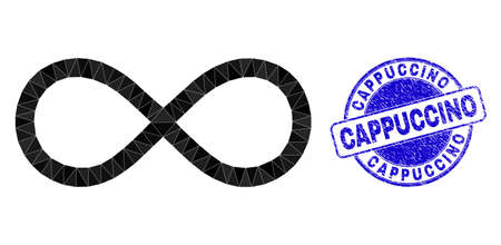 Low-Poly triangulated infinity symbol illustration, and Cappuccino textured seal. Blue seal has Cappuccino title inside circle form. Infinity icon filled with triangle mosaic.のイラスト素材