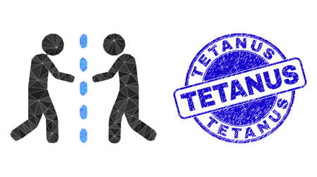 Low-Poly polygonal meeting isolation icon illustration, and TETANUS dirty seal imitation. Blue seal contains Tetanus tag inside round form. Meeting isolation icon is filled with triangles.のイラスト素材