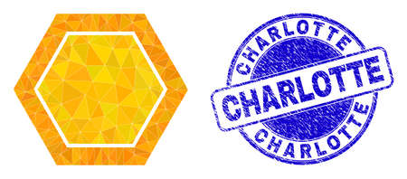 Low-Poly triangulated honeycomb cell icon illustration with Charlotte dirty seal print. Blue stamp seal contains Charlotte tag inside round form. Honeycomb cell icon is filled with triangles.のイラスト素材