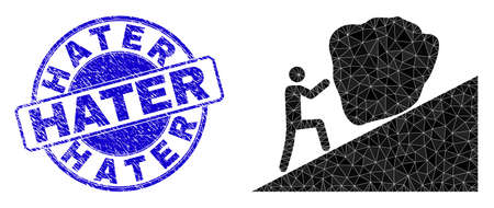Low-Poly polygonal man rolling stone up 2d illustration with Hater corroded seal print. Blue stamp seal contains Hater title inside circle it.のイラスト素材