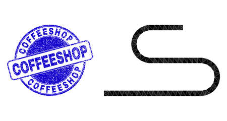 Low-Poly triangulated cord icon illustration with Coffeeshop rubber seal. Blue stamp seal has Coffeeshop text inside circle form. Cord icon is filled with triangles.のイラスト素材