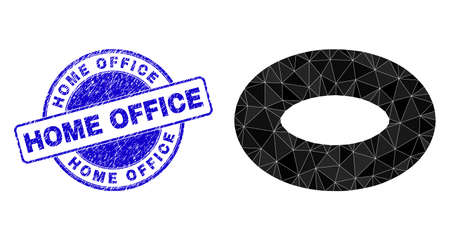 Low-Poly triangulated torus icon illustration with Home Office dirty stamp. Blue stamp seal includes Home Office tag inside circle shape. Torus icon is filled with triangles.のイラスト素材