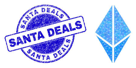 Low-Poly triangulated ethereum crystal 2d illustration with SANTA DEALS rubber seal imitation. Blue seal has Santa Deals tag inside circle it. Ethereum crystal icon filled with triangle mosaic.のイラスト素材