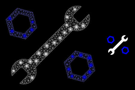 Glossy polygonal mesh net wrench and nuts icon with glow effect on a black background. Wire frame wrench and nuts iconic vector with illuminated points in magic colors.のイラスト素材