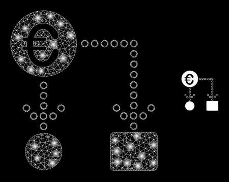 Glossy polygonal mesh net euro cash flow icon with glare effect on a black background. Constellation euro cash flow iconic vector with shiny spheres in stardust colors.のイラスト素材