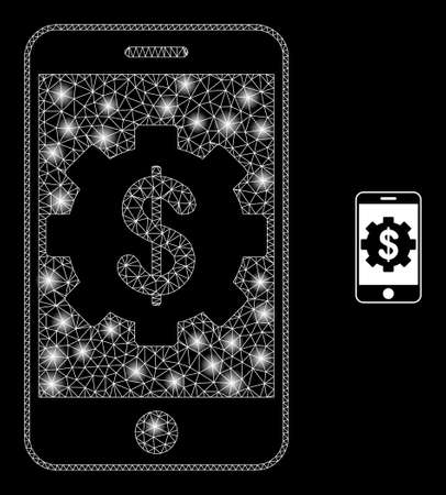 Glossy polygonal mesh web mobile bank settings icon with glare effect on a black background. Wire frame mobile bank settings iconic vector with shiny points in vibrant colors.のイラスト素材