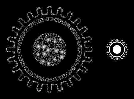 Glossy polygonal mesh web gear icon with glitter effect on a black background. Carcass gear iconic vector with illuminated spheres in bright colors. Abstract 2d mesh designed with polygonal grid,のイラスト素材